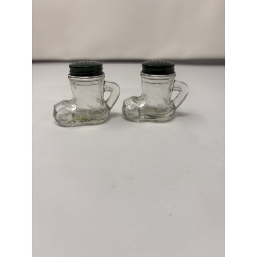 Vintage 2.5" Clear Boot Mugs Salt & Pepper Shaker Green Metal Lids Santa Western